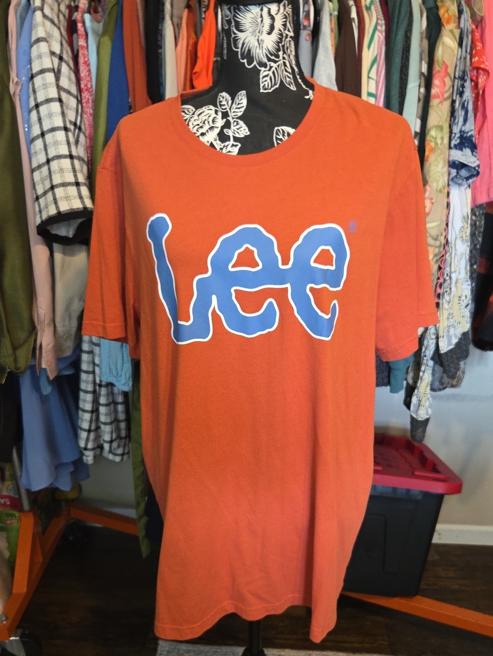 Lee Men's Bright Orange Short Sleeve Tee with Bold Blue Logo